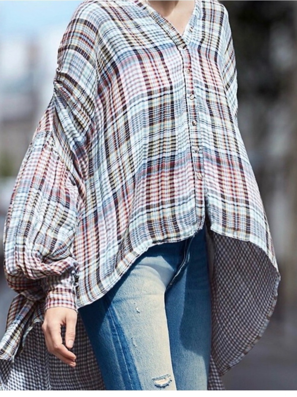 Free People Come On Over Oversized Boho Plaid Button-Up High Low Top Size S